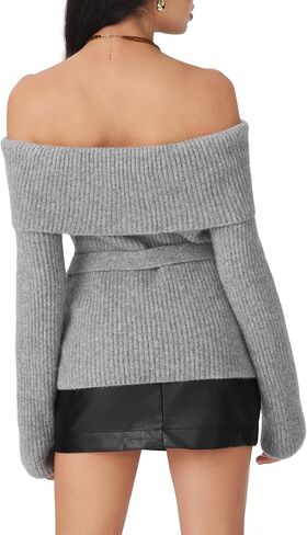 CIDER Women Off Shoulder Sweaters Long Sleeve Ribbed Knit Going Out 2025 Fall Tops with Belt in Saudi Arabia