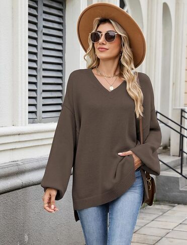 ZAFUL Women's Oversized Sweater 2025 Fall Casual V Neck Knit Side Slit Baggy Batwing Winter Long Sleeve Pullover Outfits in Saudi Arabia