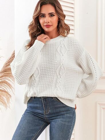 ZAFUL المرأة سترة كابل متماسكة البلوزات المتضخم Crewneck طويلة الأكمام عارضة متماسكة البلوز قمم in Saudi Arabia