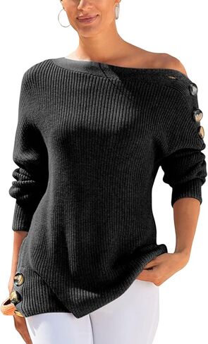 LASCANA Women's Button Detail Knit Sweater - Off-Shoulder Loose-Fit Cardigan with Functional Shoulder Buttons in Saudi Arabia