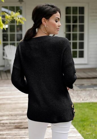 LASCANA Women's Button Detail Knit Sweater - Off-Shoulder Loose-Fit Cardigan with Functional Shoulder Buttons in Saudi Arabia