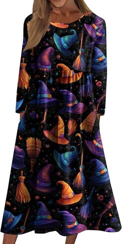 فساتين نسائية طويلة الأكمام للهالوين، قبعة ساحرة ملونة، طباعة قرع، فستان ماكسي فضفاض غير رسمي لحفلات العطلات in Kuwait