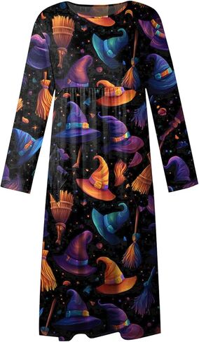 فساتين نسائية طويلة الأكمام للهالوين، قبعة ساحرة ملونة، طباعة قرع، فستان ماكسي فضفاض غير رسمي لحفلات العطلات in Kuwait