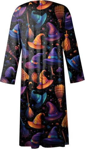 فساتين نسائية طويلة الأكمام للهالوين، قبعة ساحرة ملونة، طباعة قرع، فستان ماكسي فضفاض غير رسمي لحفلات العطلات in Kuwait