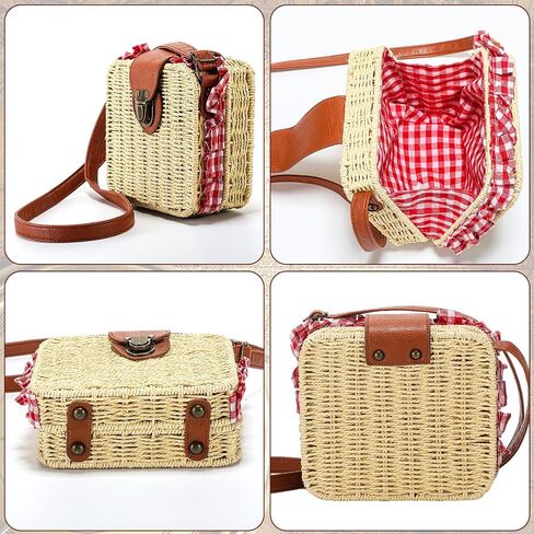 Abbylike Wicker Basket Crossbody Rattan Bag Clutch Gingham Picnic Basket Costume Accessory Women Boho Bag Clutch Woven Handbag Woven Straw Handbag for Halloween Costumes in Saudi Arabia