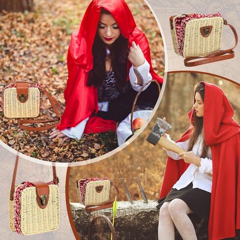 Abbylike Wicker Basket Crossbody Rattan Bag Clutch Gingham Picnic Basket Costume Accessory Women Boho Bag Clutch Woven Handbag Woven Straw Handbag for Halloween Costumes in Saudi Arabia