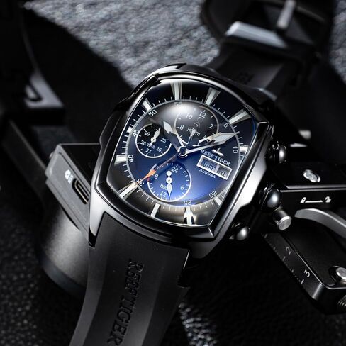 ريف النمر رجالي تونيو ساعة ميكانيكية متعددة الوظائف التناظرية مضيئة سيليكون حزام ساعات أوتوماتيكية مع التقويم RGA3069-P in Kuwait