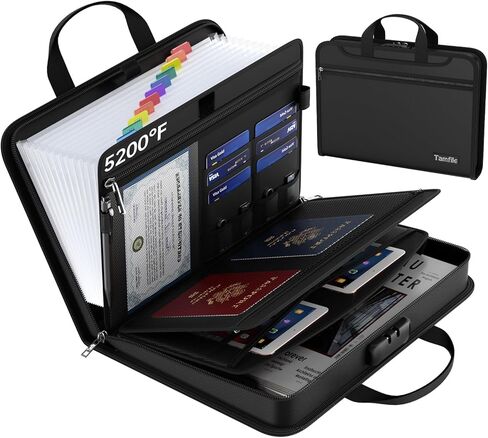 Tamfile Fireproof Thickened Accordion File Organizer with Lock, 13 Pocket Document Organizer with Zipper & Labels, Multi-Pockets Transparent Safe Expanding Folder with Handle for Letter A4 Files in Kuwait