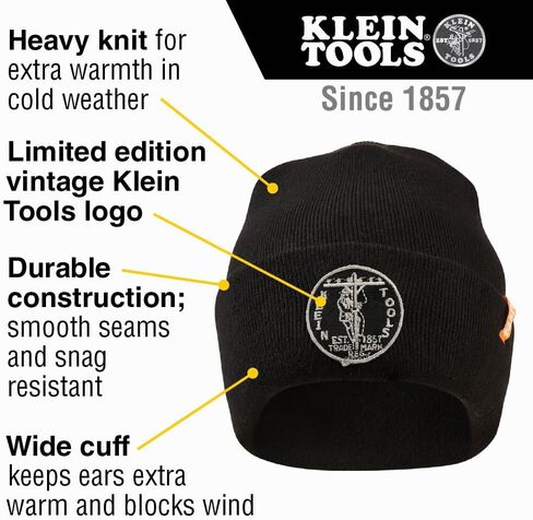 Klein Tools 60388 Heavy Knit Hat with Wide Cuff, Black, One Size Fits Most, Vintage Patch Logo in Saudi Arabia