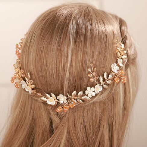 عصابة رأس من Aimimier Boho لرأس الزفاف على شكل أوراق زهور كريستالية وشعر كرمة مصنوعة يدويًا لوصيفات العروس وحفلات الزفاف وإكسسوارات الشعر للنساء والفتيات (ذهبي) in Saudi Arabia