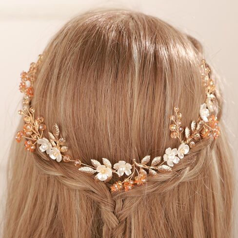عصابة رأس من Aimimier Boho لرأس الزفاف على شكل أوراق زهور كريستالية وشعر كرمة مصنوعة يدويًا لوصيفات العروس وحفلات الزفاف وإكسسوارات الشعر للنساء والفتيات (ذهبي) in Saudi Arabia