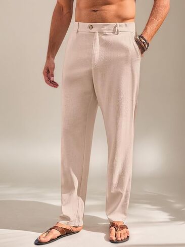 Mens Casual Pants Elastic Waist Beach Yoga Trousers Linen Lightweight Straight-Legs Loose Fit Summer in Saudi Arabia