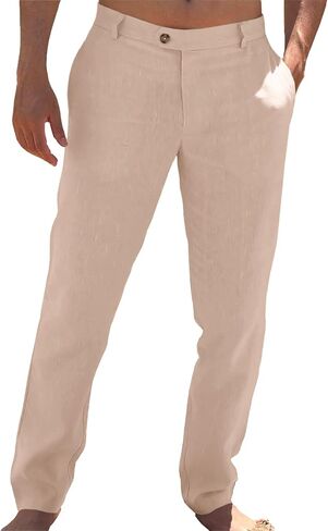 Mens Casual Pants Elastic Waist Beach Yoga Trousers Linen Lightweight Straight-Legs Loose Fit Summer in Saudi Arabia