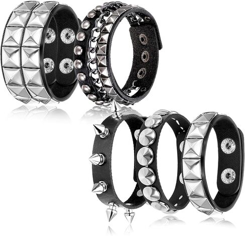 Leather Cuff Bracelet for Women Punk Studded Bracelets Set, 5 Pieces Black Leather Spike Rivet Cuff Wrap Bangle, Adjustable Metal Wristband for Men Women Gothic Rock Emo Accessories in Saudi Arabia