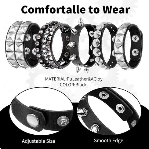 Leather Cuff Bracelet for Women Punk Studded Bracelets Set, 5 Pieces Black Leather Spike Rivet Cuff Wrap Bangle, Adjustable Metal Wristband for Men Women Gothic Rock Emo Accessories in Saudi Arabia
