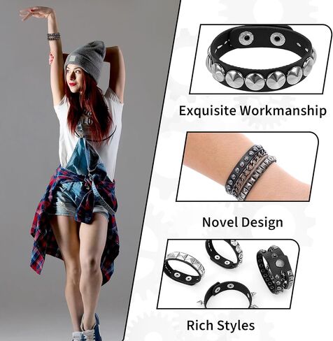 Leather Cuff Bracelet for Women Punk Studded Bracelets Set, 5 Pieces Black Leather Spike Rivet Cuff Wrap Bangle, Adjustable Metal Wristband for Men Women Gothic Rock Emo Accessories in Saudi Arabia