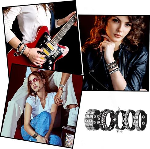 Leather Cuff Bracelet for Women Punk Studded Bracelets Set, 5 Pieces Black Leather Spike Rivet Cuff Wrap Bangle, Adjustable Metal Wristband for Men Women Gothic Rock Emo Accessories in Saudi Arabia
