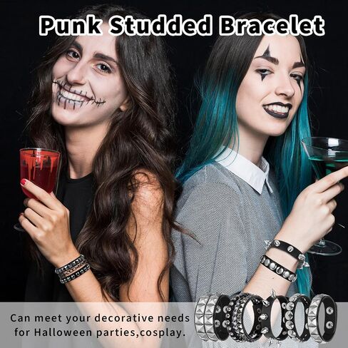 Leather Cuff Bracelet for Women Punk Studded Bracelets Set, 5 Pieces Black Leather Spike Rivet Cuff Wrap Bangle, Adjustable Metal Wristband for Men Women Gothic Rock Emo Accessories in Saudi Arabia