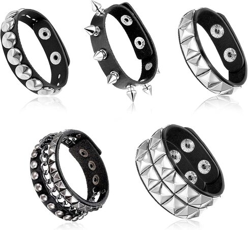 Leather Cuff Bracelet for Women Punk Studded Bracelets Set, 5 Pieces Black Leather Spike Rivet Cuff Wrap Bangle, Adjustable Metal Wristband for Men Women Gothic Rock Emo Accessories in Saudi Arabia