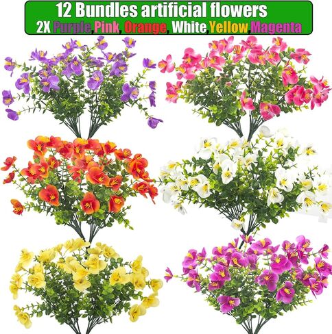 Grunyia 12 Bundles Artificial Flowers Outdoor Fake Fall Flowers for Outside Decoration UV Resistant Plastic Faux Plants for Garden Window Porch Balcony Fall Wedding Thanksgiving Decor in Kuwait