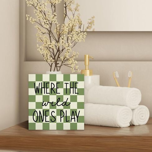 Where The Wild Ones Play Wood Box Sign Desk Decor, Nursery Kids Room Wooden Block Sign Decorations for Playroom Toddler Boys Girls Room Wall Tabletop Shelf Decor Baby Shower Gifts for Newborn in Kuwait
