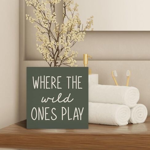 Where The Wild Ones Play Wood Box Sign Desk Decor, Nursery Kids Room Wooden Block Sign Decorations for Playroom Toddler Boys Girls Room Wall Tabletop Shelf Decor Baby Shower Gifts for Newborn in Saudi Arabia