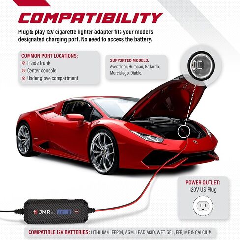 JMR Battery Charger for Lamborghini Aventador Huracan Urus Gallardo Murcielago Trickle Charger Conditioner Maintainer (12V Cig Port, Add Lithium Mode) in Saudi Arabia