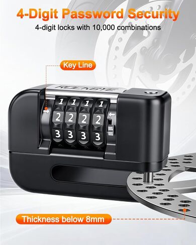 Motorcycle Disc Brake Lock, Rechargeable Motorcycle Locks Anti Theft with 120dB Alarm, 7mm Lock Pin Motorcycle Brake Helmet Scooter Wheel Lock, Waterproof 5FT Reminder Cable, Black in Kuwait