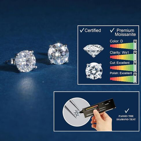 Moissanite Stud Earrings for Women Men, VVSI Clarity Round Cut Lab Created Mossanite 18K White Gold Plated 925 Sterling Silver Hypoallergenic Earrings Studs Jewelry in Saudi Arabia