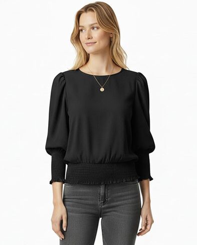 بلوزة نسائية مرنة بخصر 3/4 طول بأكمام منتفخة بلوزة ذات رباط سفلي ملابس غير رسمية أنيقة 2025 in Kuwait