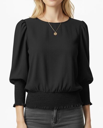 بلوزة نسائية مرنة بخصر 3/4 طول بأكمام منتفخة بلوزة ذات رباط سفلي ملابس غير رسمية أنيقة 2025 in Kuwait