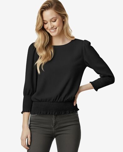 بلوزة نسائية مرنة بخصر 3/4 طول بأكمام منتفخة بلوزة ذات رباط سفلي ملابس غير رسمية أنيقة 2025 in Kuwait