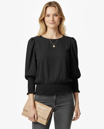 بلوزة نسائية مرنة بخصر 3/4 طول بأكمام منتفخة بلوزة ذات رباط سفلي ملابس غير رسمية أنيقة 2025 in Kuwait