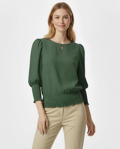 Women Elastic Cinched Waist Top 3/4 Length Puff Sleeve Smocked Tops Banded Bottom Blouse Dressy Casual Outfits 2025 in Saudi Arabia