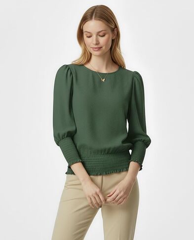 Women Elastic Cinched Waist Top 3/4 Length Puff Sleeve Smocked Tops Banded Bottom Blouse Dressy Casual Outfits 2025 in Saudi Arabia