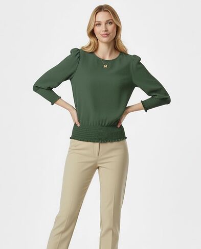 Women Elastic Cinched Waist Top 3/4 Length Puff Sleeve Smocked Tops Banded Bottom Blouse Dressy Casual Outfits 2025 in Saudi Arabia