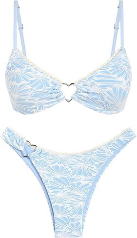 seamoly Leopard Print Contrast Lace Trim Heart-Shaped Metal Decor Cheeky Bikini Set in Saudi Arabia
