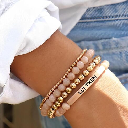 Let Them Bracelet For Women Man, Healing Crystal Beads Gold Cuff Stainless Steel Tube Lettering Engraved Bracelets Trendy Stretch Stackable Jewelry Friendship Gift in Saudi Arabia