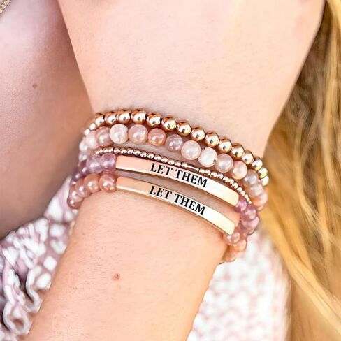 Let Them Bracelet For Women Man, Healing Crystal Beads Gold Cuff Stainless Steel Tube Lettering Engraved Bracelets Trendy Stretch Stackable Jewelry Friendship Gift in Saudi Arabia
