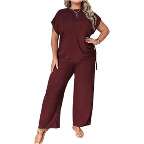 Plus Size 2 Piece Lounge Sets for Women Sweatsuit Loose Ribbed Short Sleeve Tops Wide Leg Pants Pajama Sets in Saudi Arabia