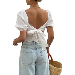 Verdusa Women's Tie Back Puff Sleeve Blouse Cute Sweetheart Neck Vacation Crop Tops in Saudi Arabia