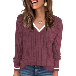 V Neck Long Sleeve Shirts for Women Fall 2025 Casual Business Ribbed Knit Sweater Cute Work Outfits in Kuwait