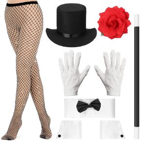 6 Pcs Halloween Magician Costume Accessories for Women Adult Include Glitter Fishnets Stockings Black Magician Top Hat Wand Gloves Bow Tie and Rose Flower Brooch for Halloween Cosplay Party in Saudi Arabia