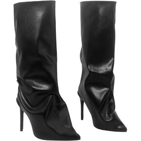 Women's Knee High Stiletto Boots, Pointed Toe Shark Design High Heel Pull On Black Leather Fold Over Boots for Women in Saudi Arabia