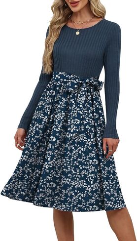 Womens Long Sleeve Knit Tops Boho Maxi Sweater Dress Tie Waist Elegant Fall Winter Dresses in Saudi Arabia