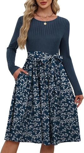 Womens Long Sleeve Knit Tops Boho Maxi Sweater Dress Tie Waist Elegant Fall Winter Dresses in Saudi Arabia