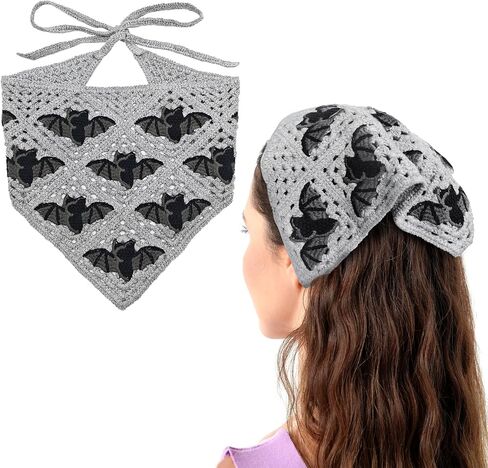 Gothic Crochet Bat Headband for Women, Halloween Christmas Knitted Triangle Bandana Scarf, Soft Vintage Hair Accessory with Adjustable Ties, bandanas for women in Saudi Arabia