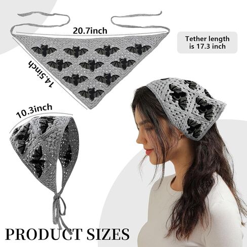 Gothic Crochet Bat Headband for Women, Halloween Christmas Knitted Triangle Bandana Scarf, Soft Vintage Hair Accessory with Adjustable Ties, bandanas for women in Saudi Arabia