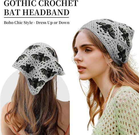 Gothic Crochet Bat Headband for Women, Halloween Christmas Knitted Triangle Bandana Scarf, Soft Vintage Hair Accessory with Adjustable Ties, bandanas for women in Saudi Arabia