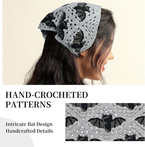 Gothic Crochet Bat Headband for Women, Halloween Christmas Knitted Triangle Bandana Scarf, Soft Vintage Hair Accessory with Adjustable Ties, bandanas for women in Saudi Arabia